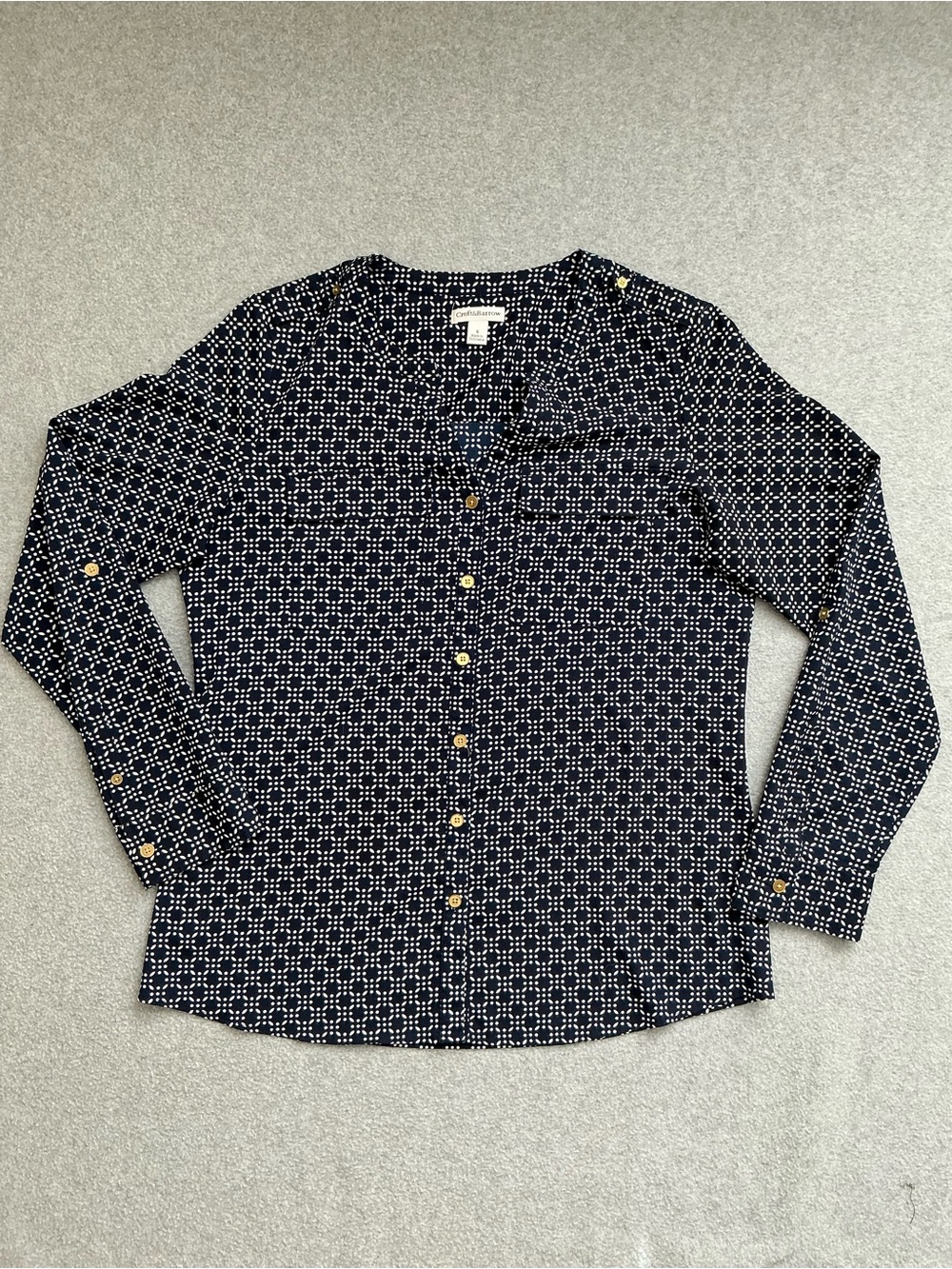 Croft & Barrow Navy Geometric Print Roll Tab Blouse Women’s Small Career